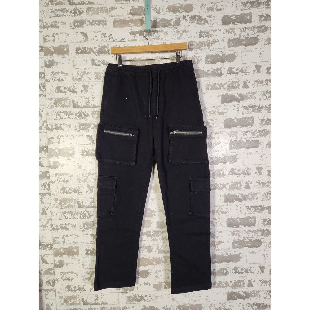 Forever 21 Men Size M Black Cargo Jogger Pants Activewear Drawstring Zip Pockets